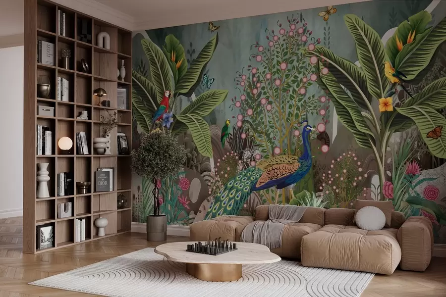 wall murals Bright tropical birds and peacock among exotic plants w04457