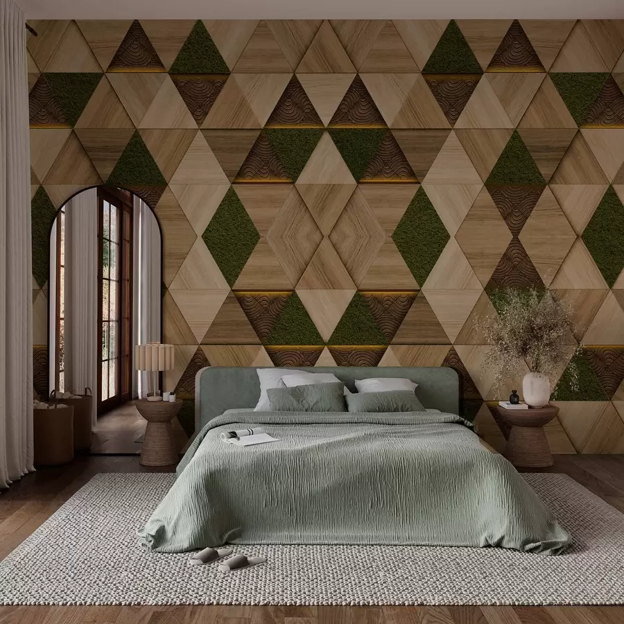 wall murals Geometric wooden ornament with moss w04459