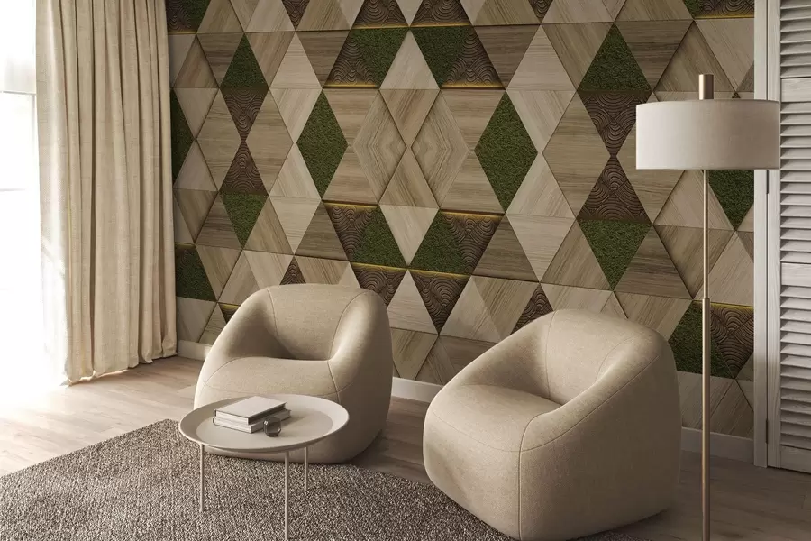 wall murals Geometric wooden ornament with moss w04459