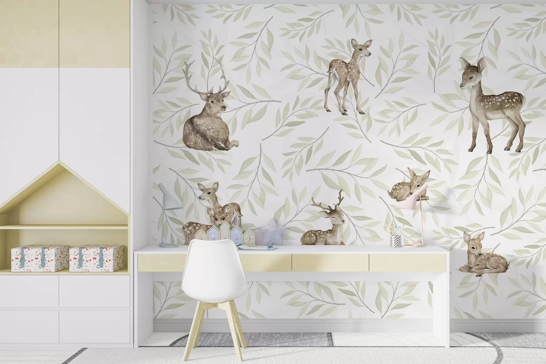 wall murals Fawns among greenish leaves on a white background w04461v1