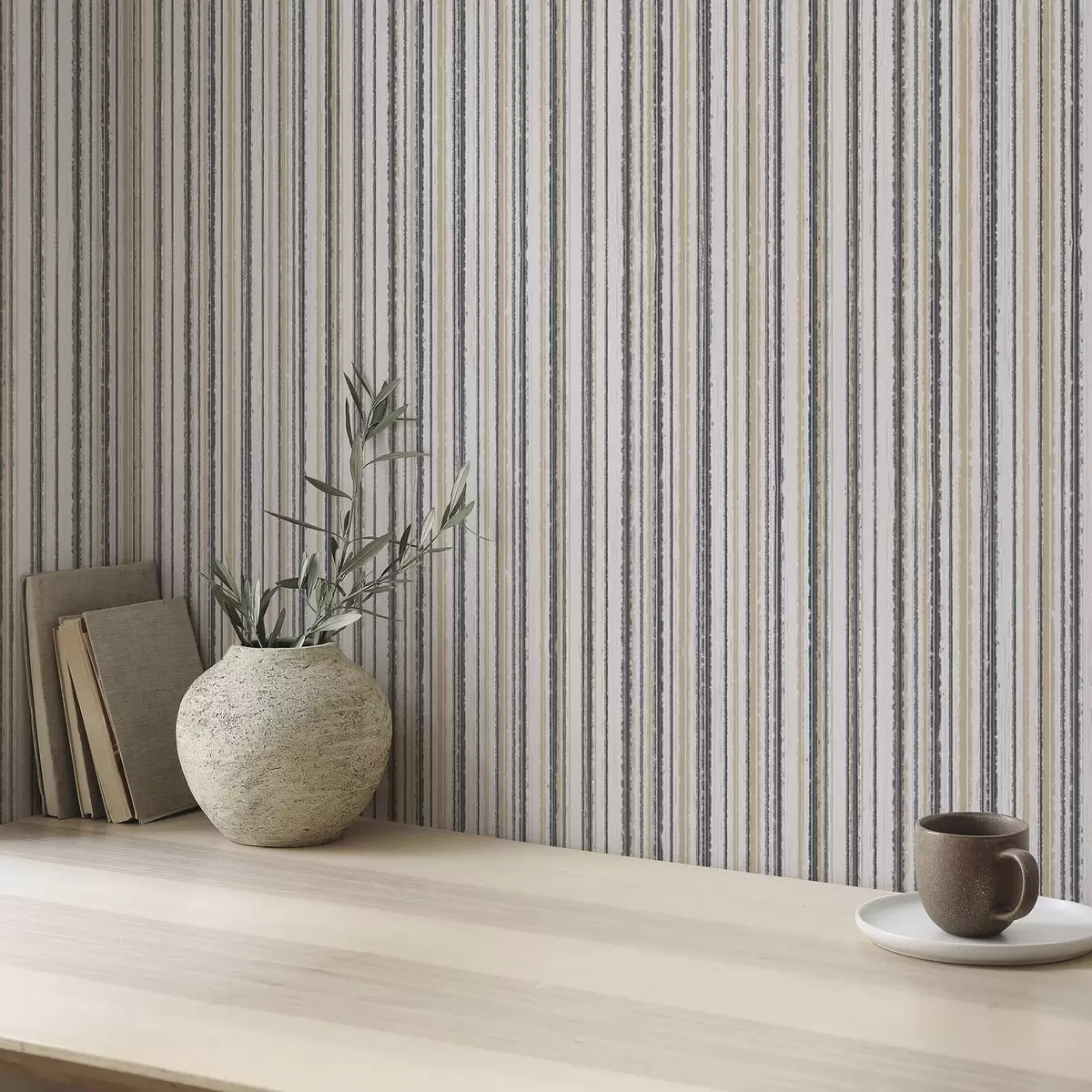 Wallpaper Stripes in gray-beige and yellowish shades a00508