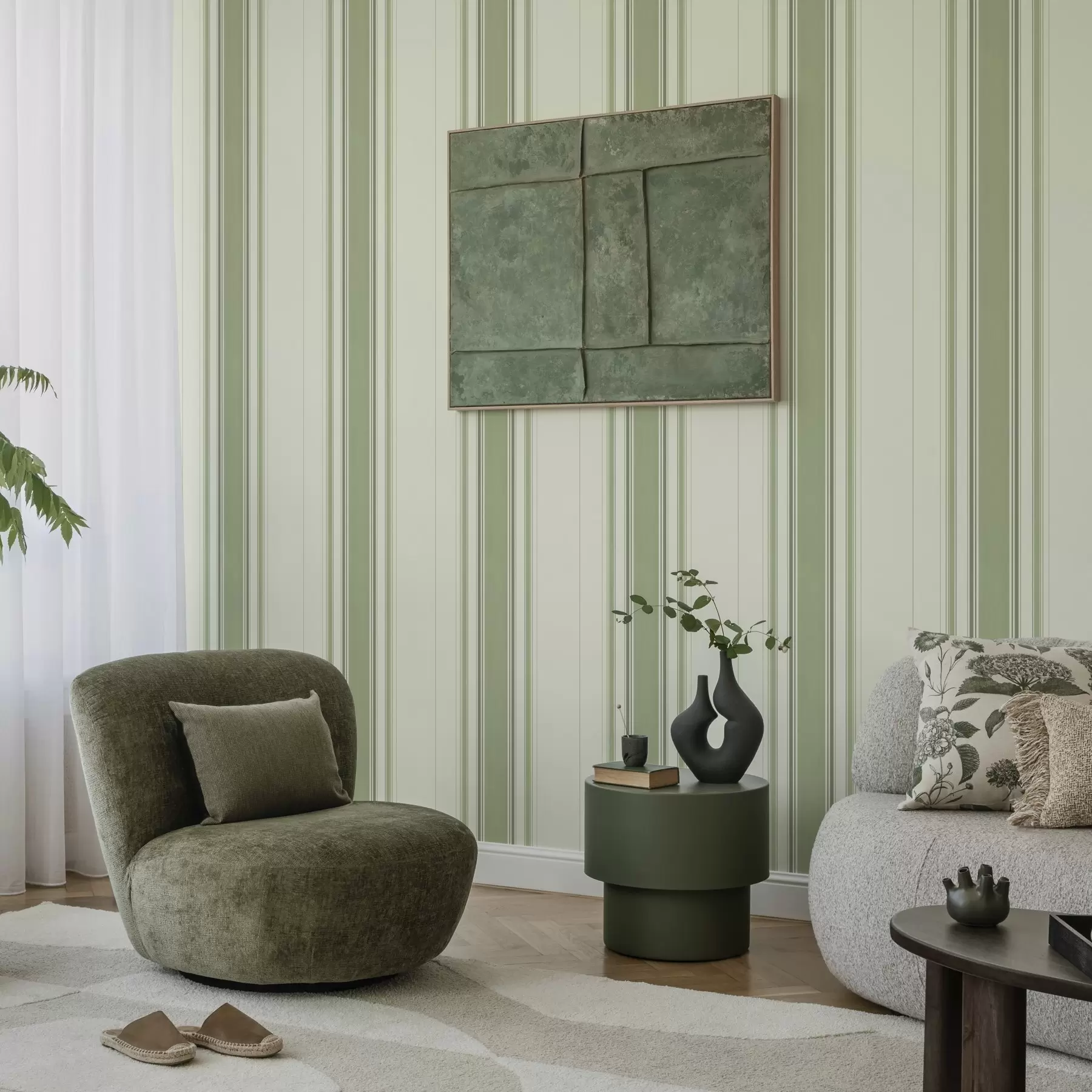 wall murals Cream background with a wide green central stripe a00519