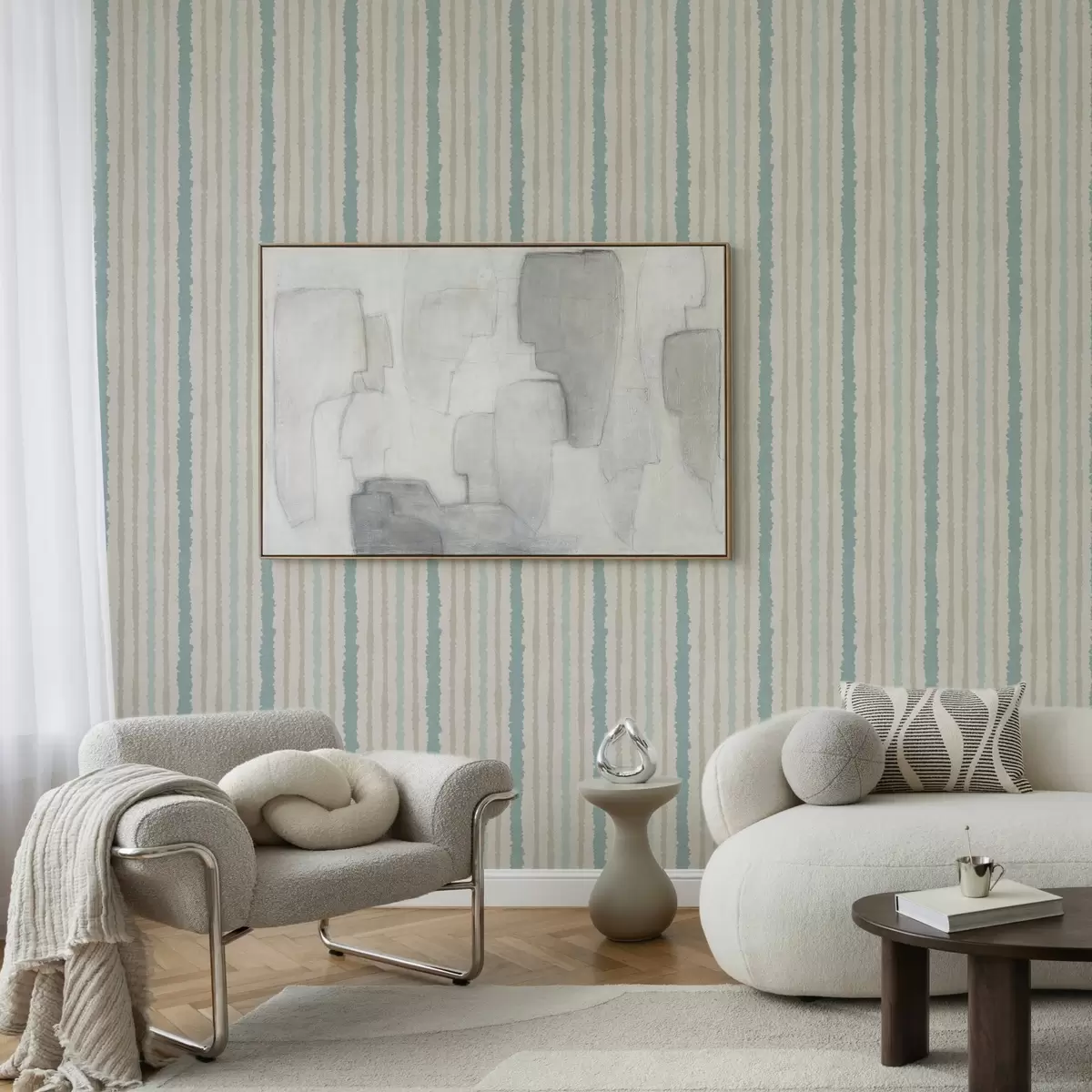 Wallpaper Combination of turquoise and beige uneven stripes a00552
