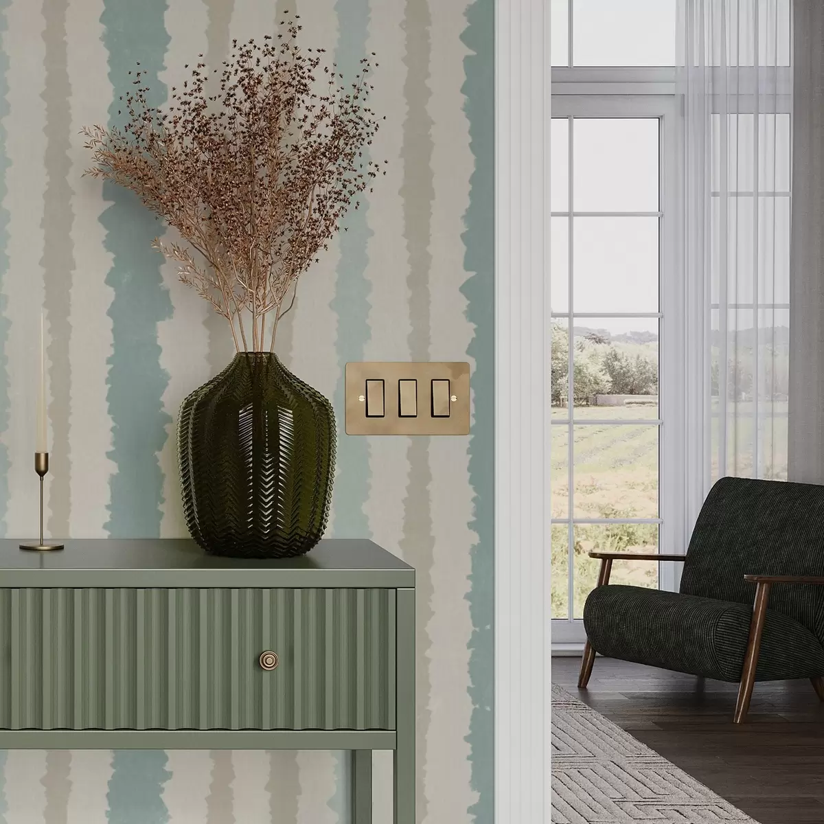 Wallpaper Combination of turquoise and beige uneven stripes a00552