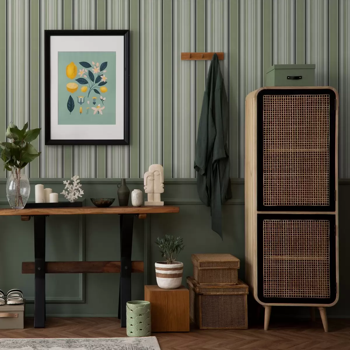 Wallpaper Cream background with a mix of green and black stripes a00563