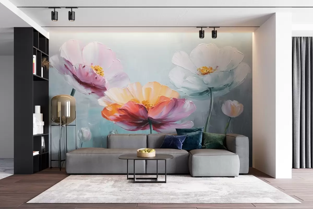 wall murals Bright flowers in oil painting technique on a blue background w09310