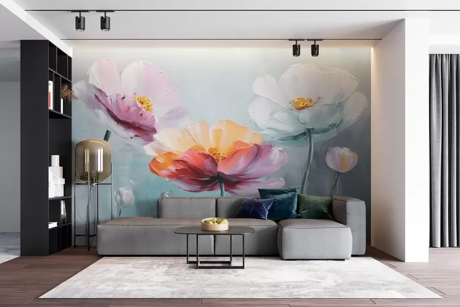 wall murals Bright flowers in oil painting technique on a blue background w09310
