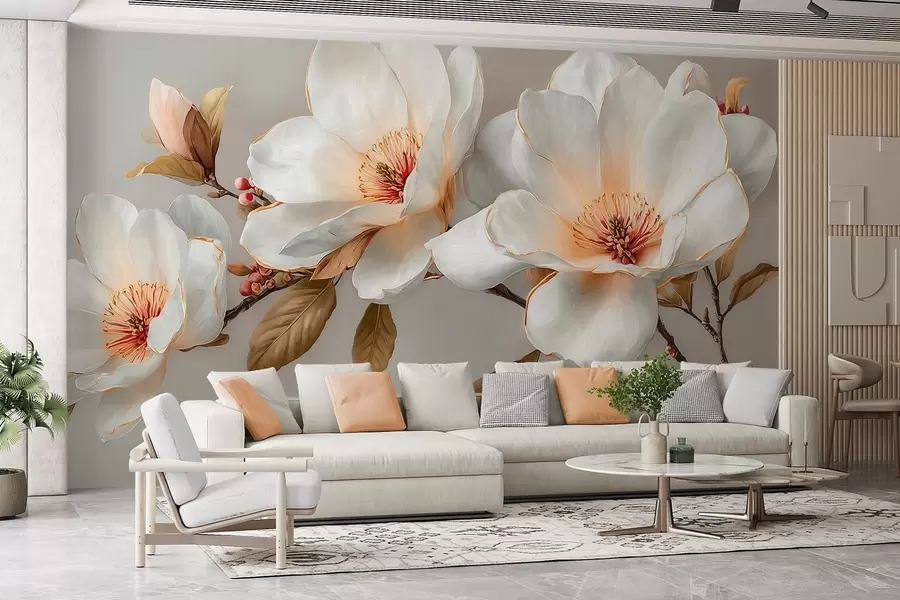 wall murals Delicate flowers on a branch in pastel tones with orange centers w09299