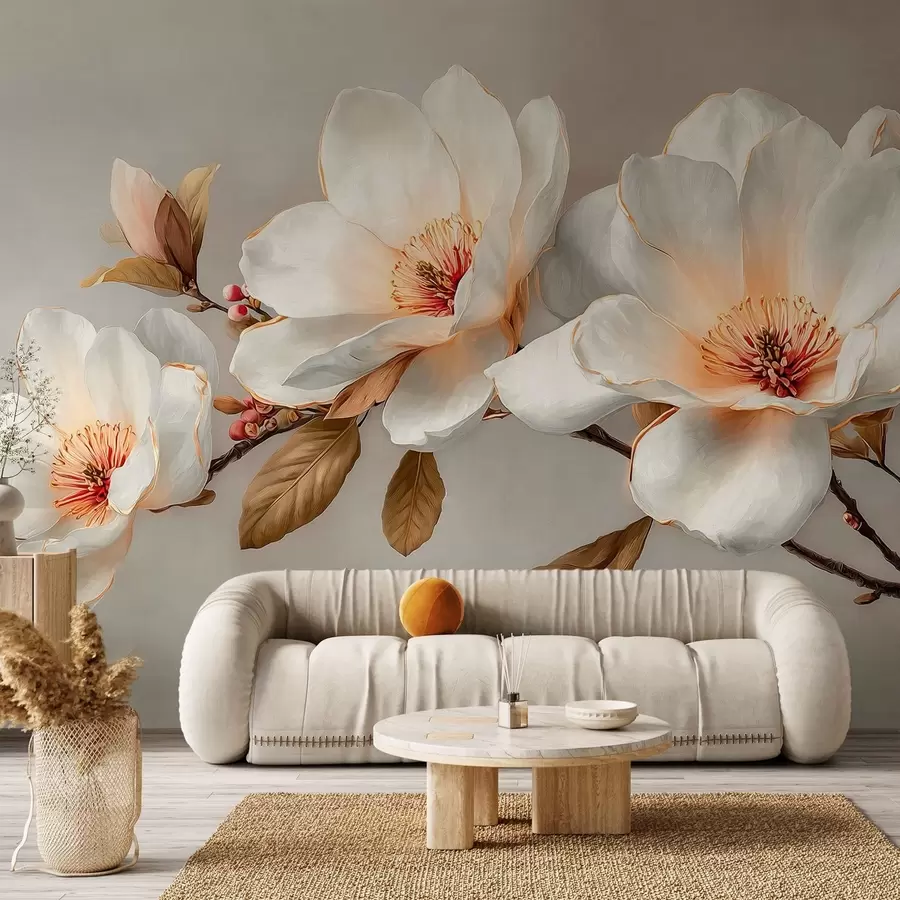 wall murals Delicate flowers on a branch in pastel tones with orange centers w09299