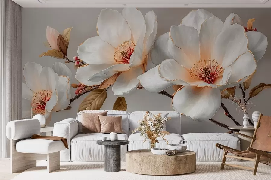 wall murals Delicate flowers on a branch in pastel tones with orange centers w09299