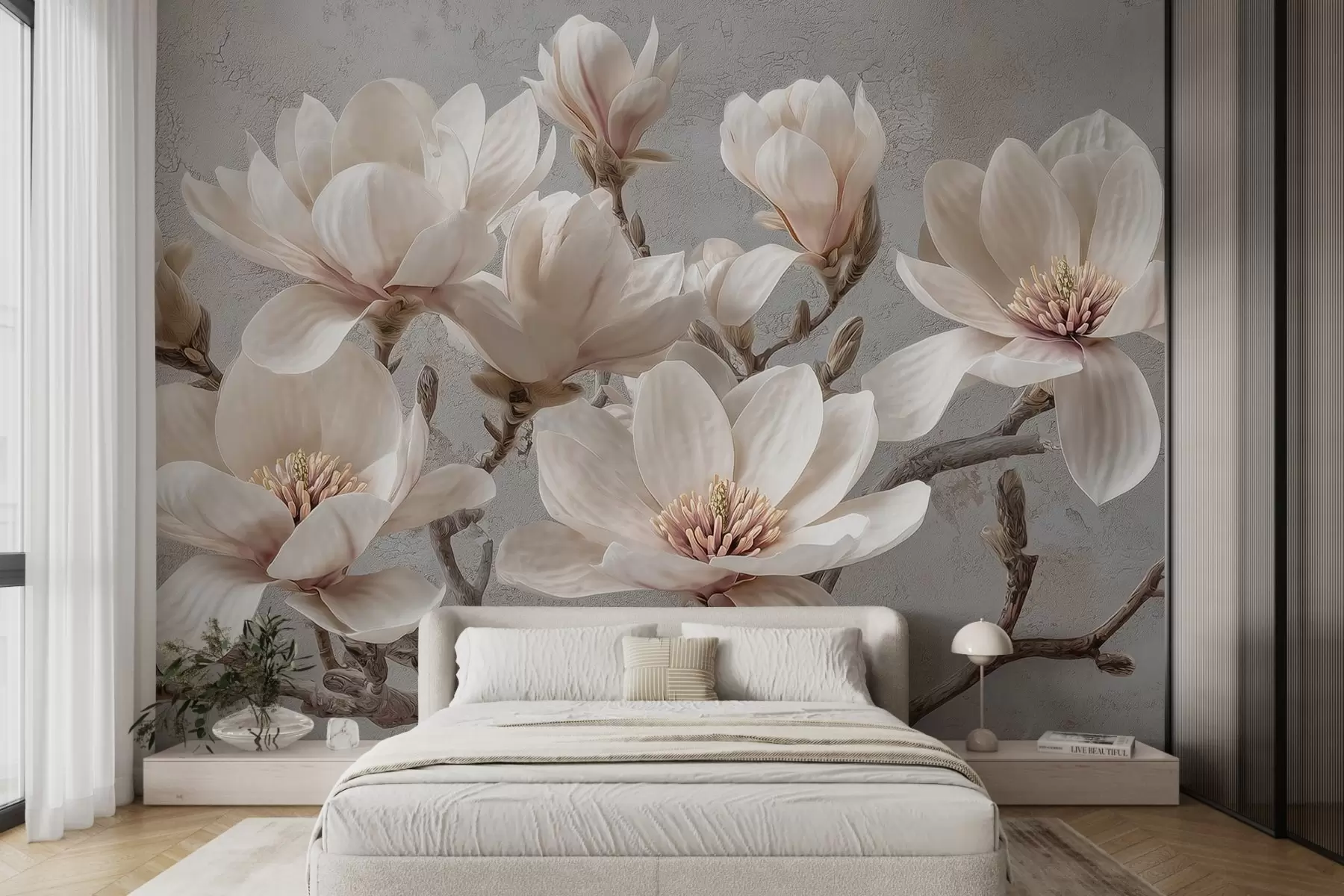 wall murals Magnolia branches with large light flowers in muted tones w09305