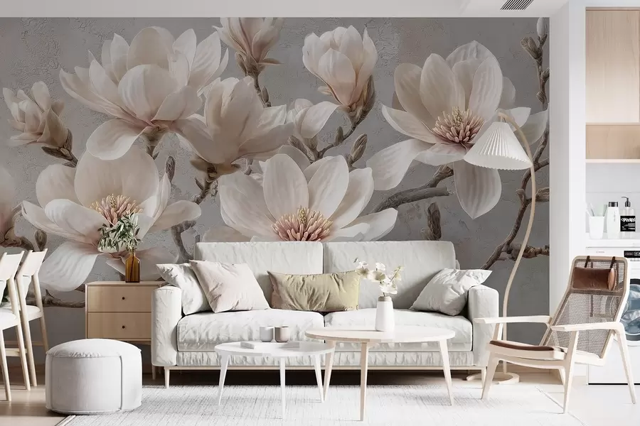 wall murals Magnolia branches with large light flowers in muted tones w09305
