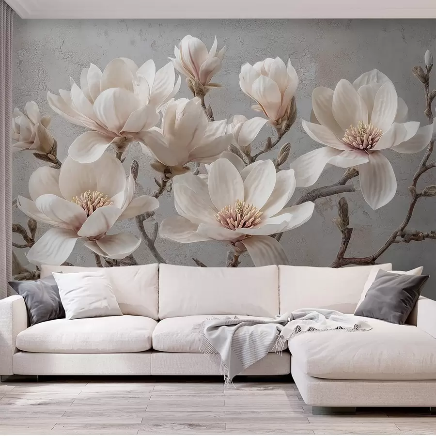 wall murals Magnolia branches with large light flowers in muted tones w09305