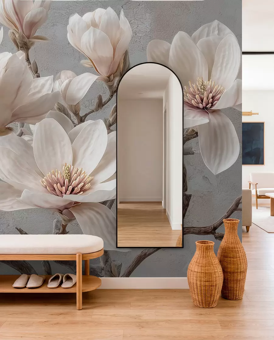 wall murals Magnolia branches with large light flowers in muted tones w09305