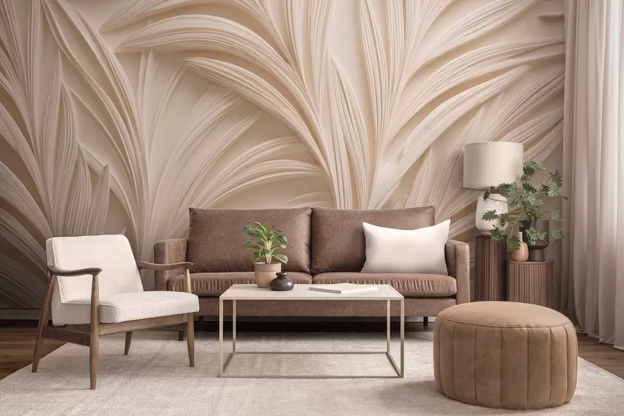 wall murals Decorative beige leaves in 3D style w09351