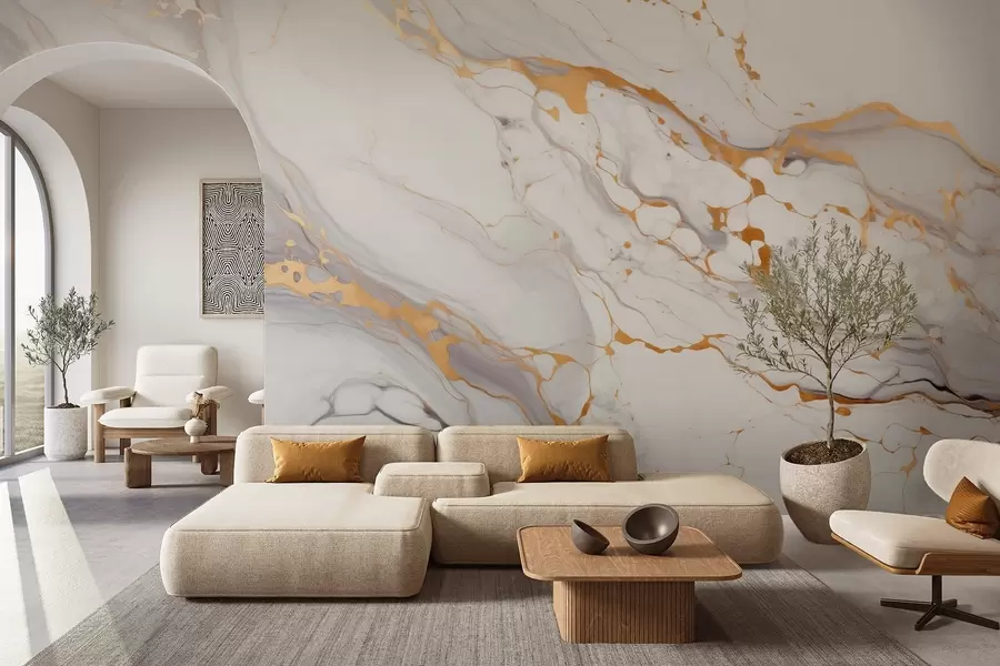 wall murals Imitation of marble texture with soft gray transitions and yellow accents w09362