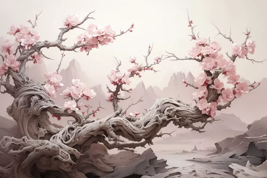 wall murals Twisted tree trunk with blooming pink sakura w09388