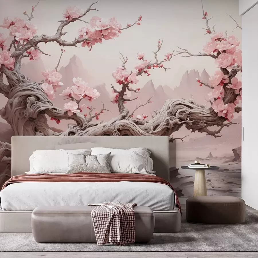 wall murals Twisted tree trunk with blooming pink sakura w09388