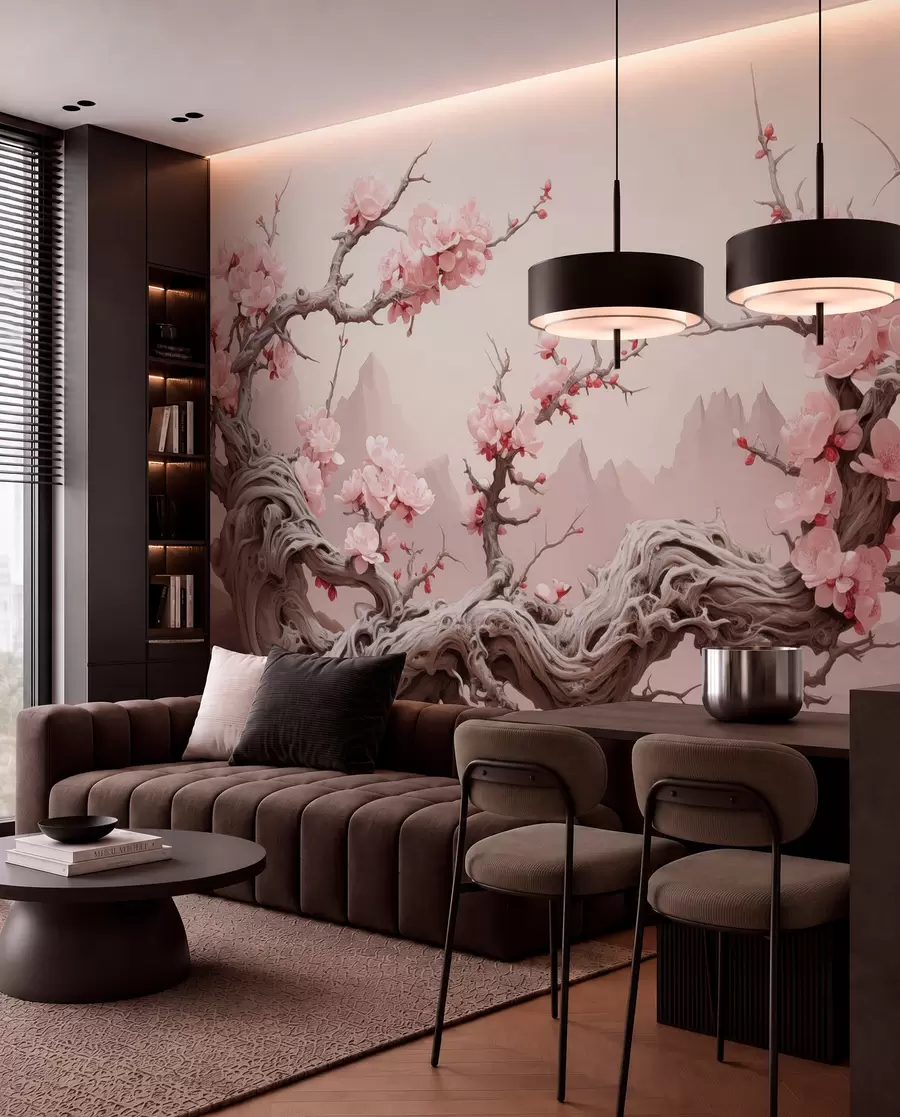 wall murals Twisted tree trunk with blooming pink sakura w09388
