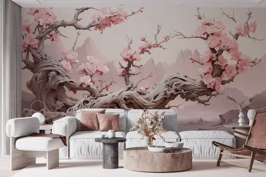 wall murals Twisted tree trunk with blooming pink sakura w09388