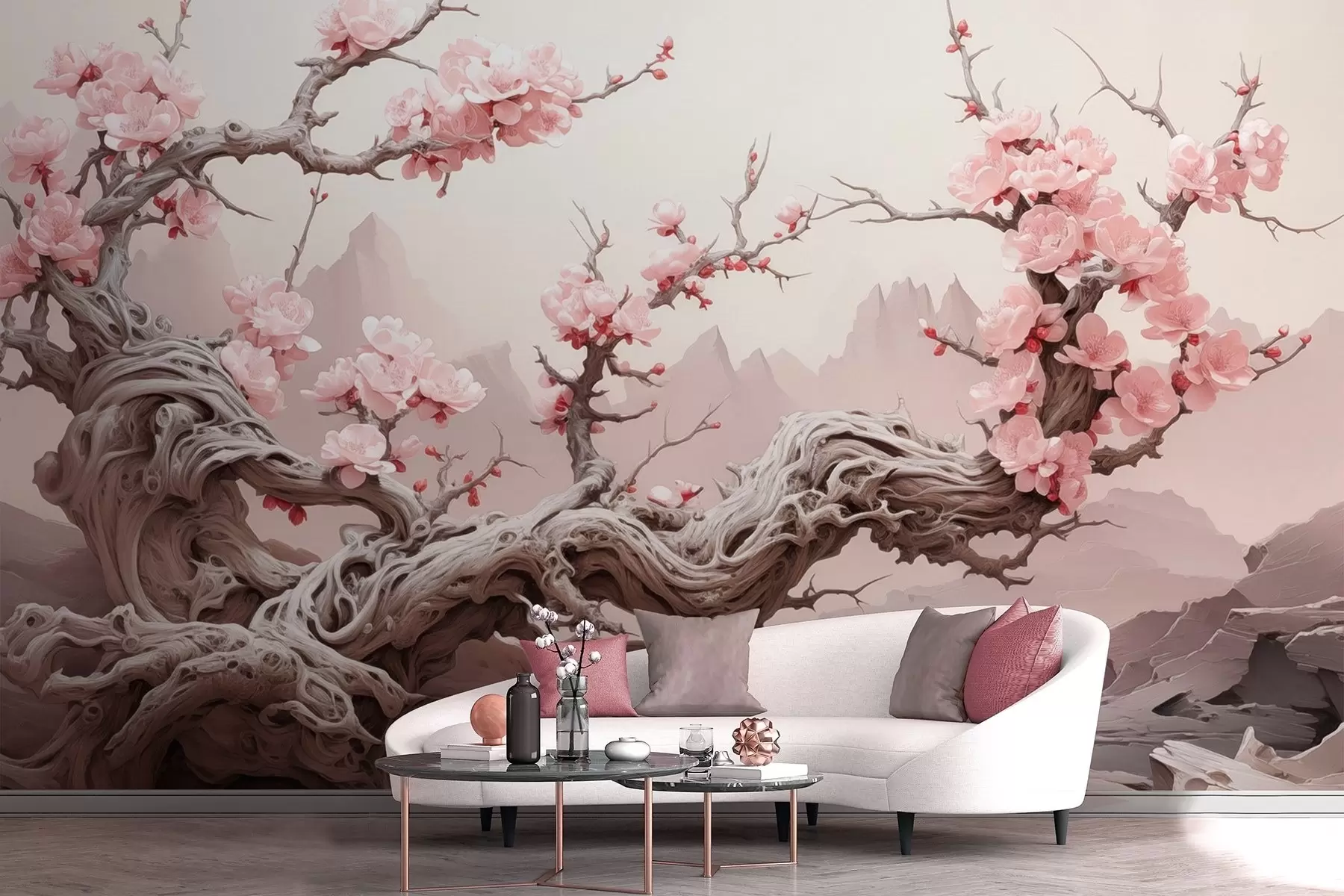 wall murals Twisted tree trunk with blooming pink sakura w09388