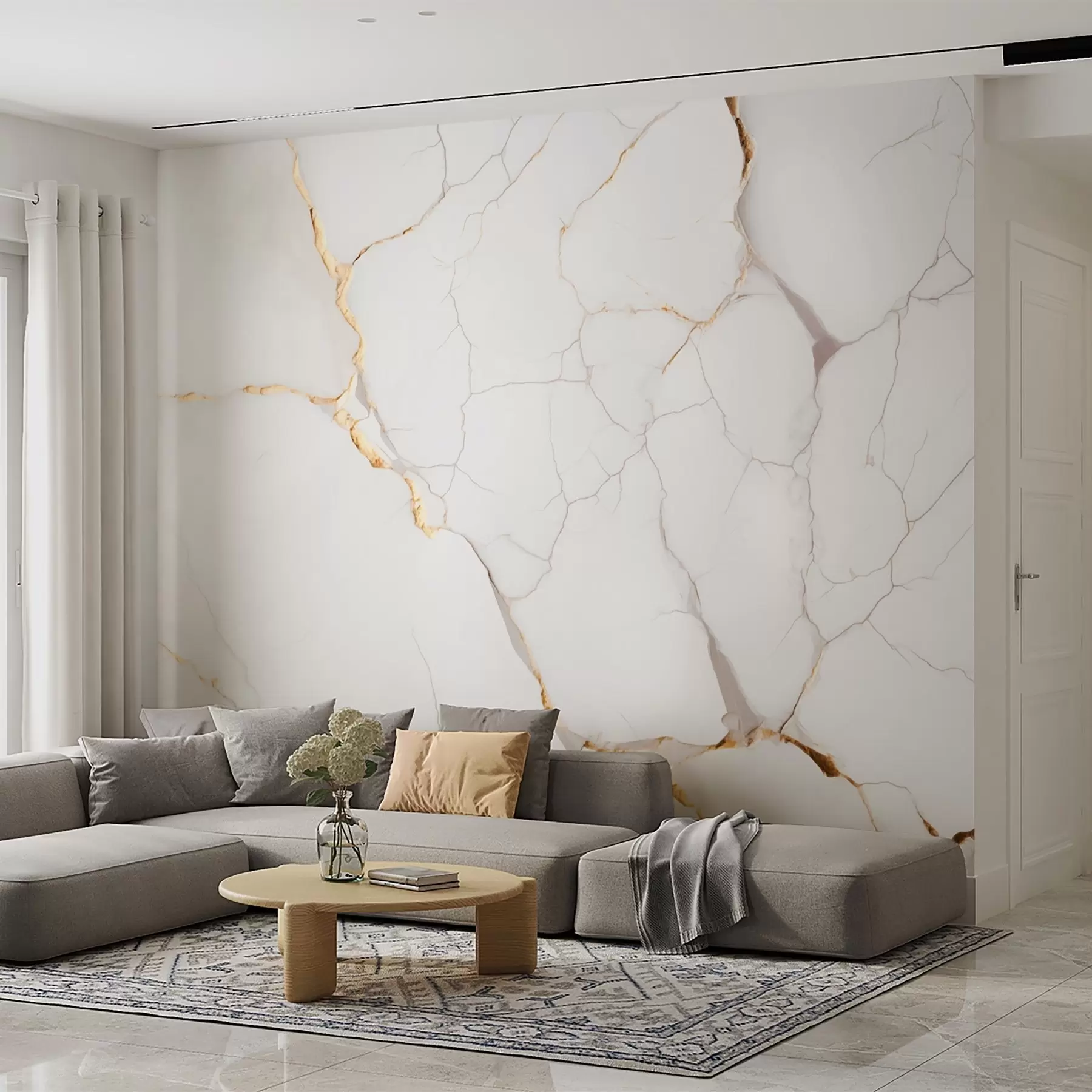 wall murals Imitation of marble with fine cracks and yellow veins w09390