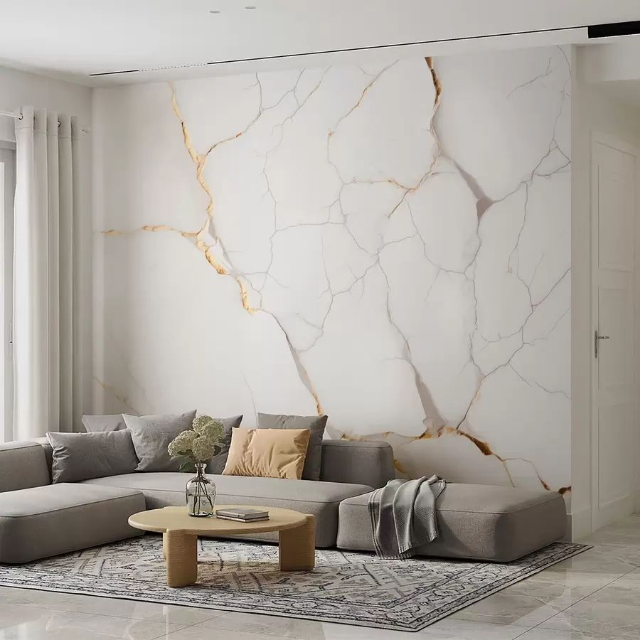 wall murals Imitation of marble with fine cracks and yellow veins w09390