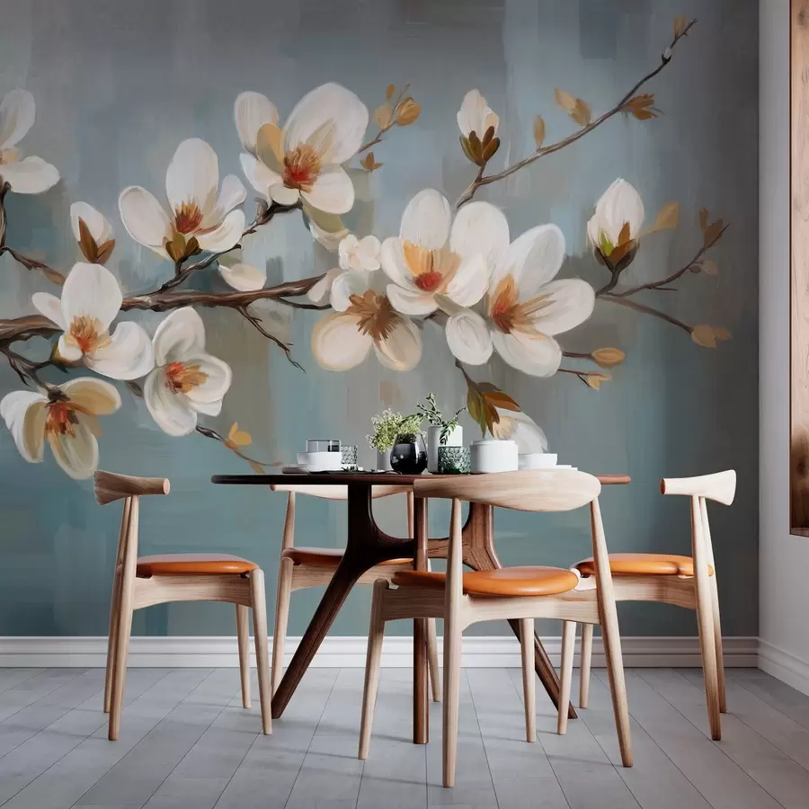 wall murals A blossoming branch in the style of oil painting on a blue background w04496