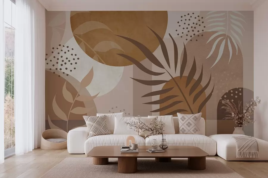 wall murals Contemporary abstraction with plants in brown and beige tones w04497