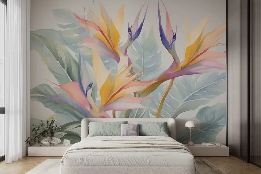 wall murals Strelitzia flowers and leaves w04527