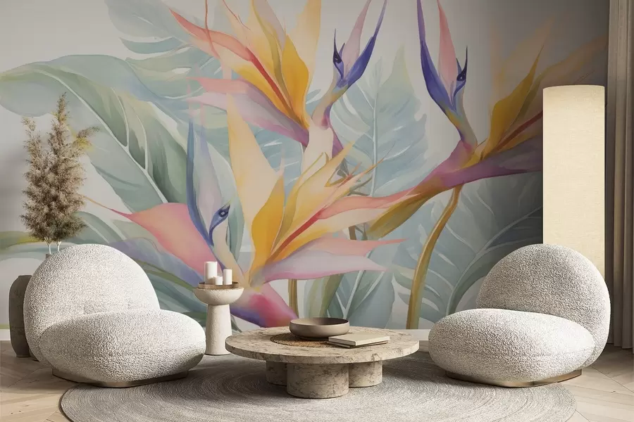 wall murals Strelitzia flowers and leaves w04527