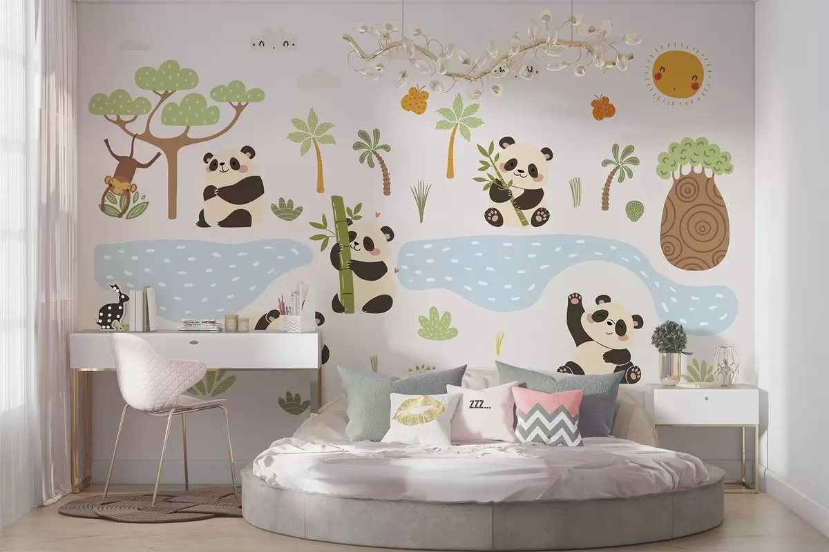 wall murals Cheerful pandas by the river w04541