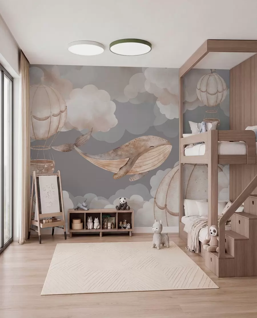 wall murals Whale and hot air balloons among soft clouds w04522