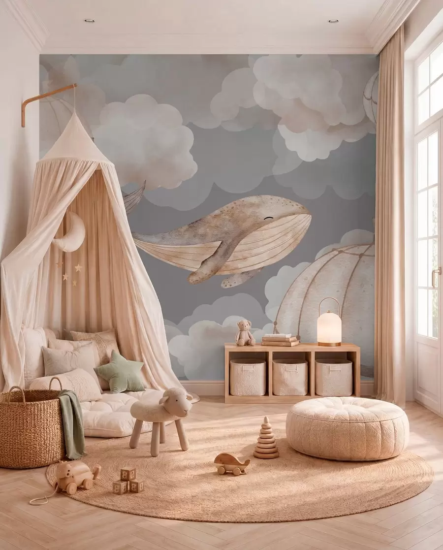 wall murals Whale and hot air balloons among soft clouds w04522