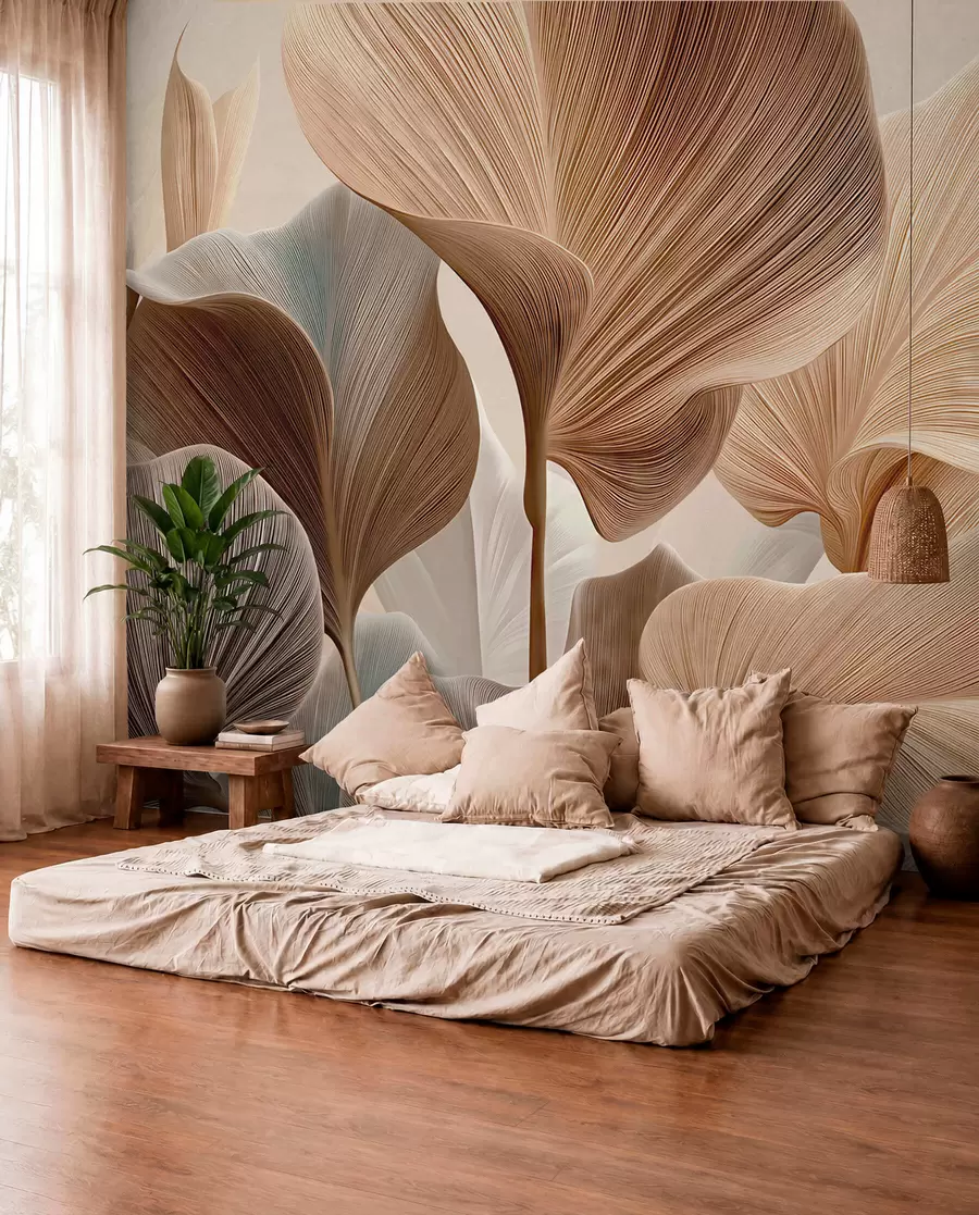 wall murals Elegant beige leaves with fine linear texture w04549