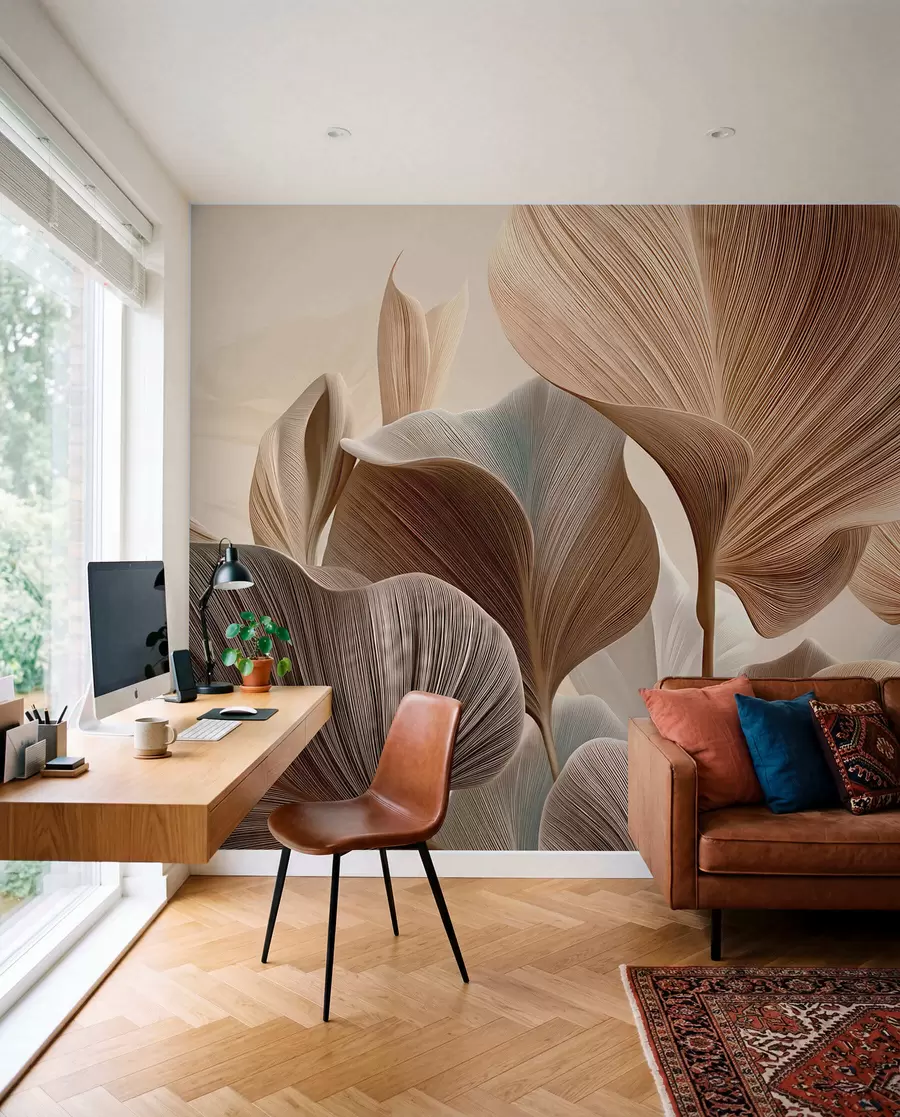 wall murals Elegant beige leaves with fine linear texture w04549