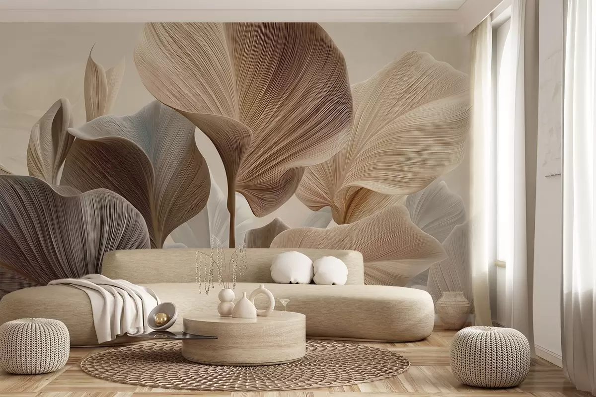 wall murals Elegant beige leaves with fine linear texture w04549