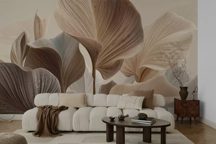 wall murals Elegant beige leaves with fine linear texture w04549