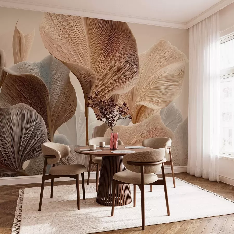 wall murals Elegant beige leaves with fine linear texture w04549