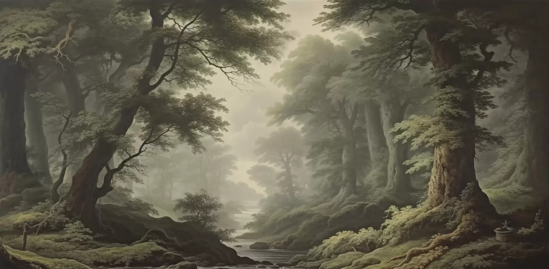 wall murals Misty forest with river and tall ancient trees w04555