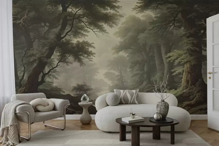 wall murals Misty forest with river and tall ancient trees w04555
