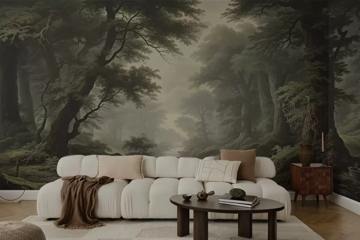 wall murals Misty forest with river and tall ancient trees w04555