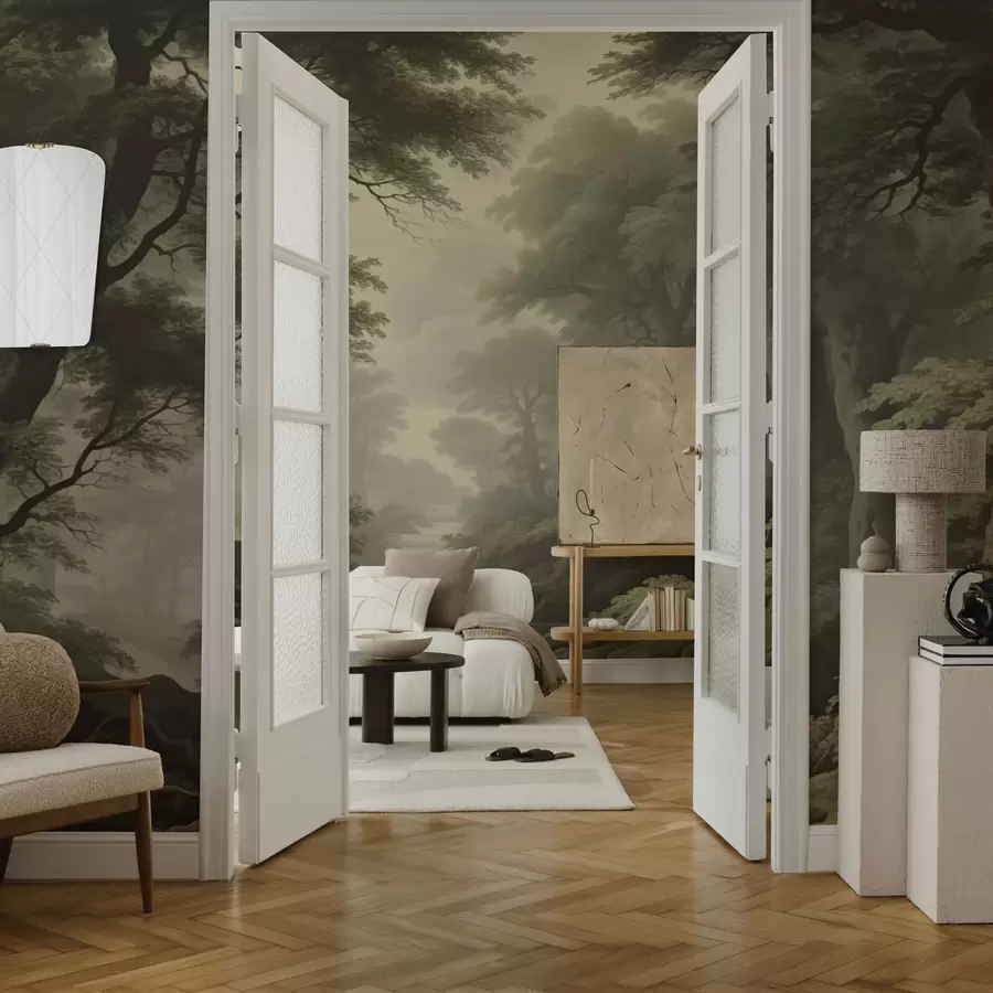 wall murals Misty forest with river and tall ancient trees w04555