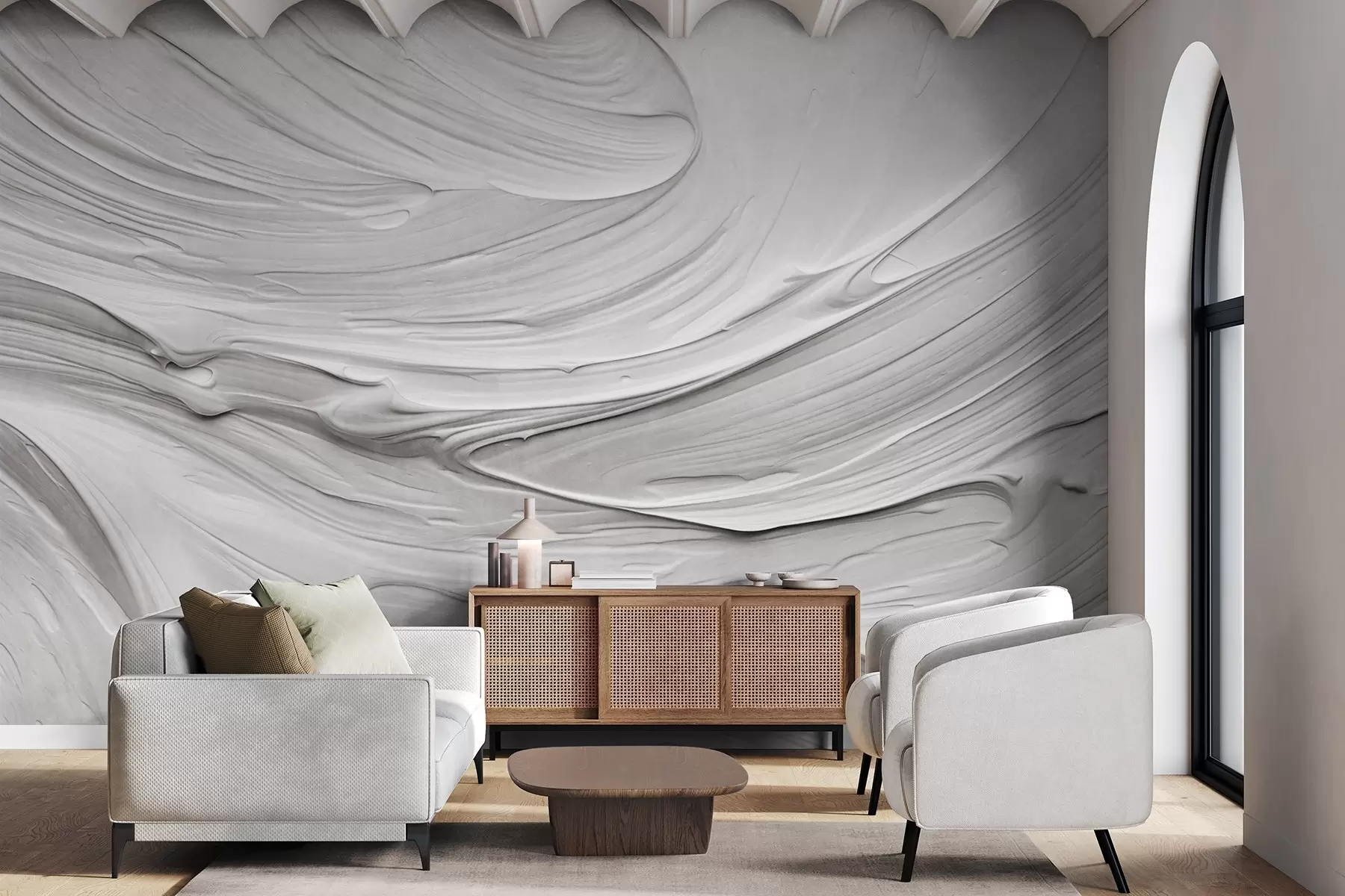 wall murals Abstract textured white paint strokes imitation with a swirling pattern, neutral, minimalistic modern composition w09394