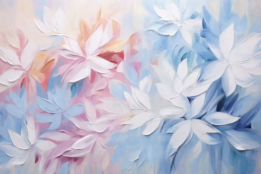 wall murals White textured flowers with pink and blue leaves, oil painting abstract style, soft brush strokes, pastel colors  w09396