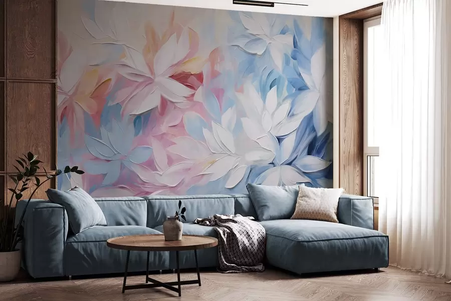 wall murals White textured flowers with pink and blue leaves, oil painting abstract style, soft brush strokes, pastel colors  w09396