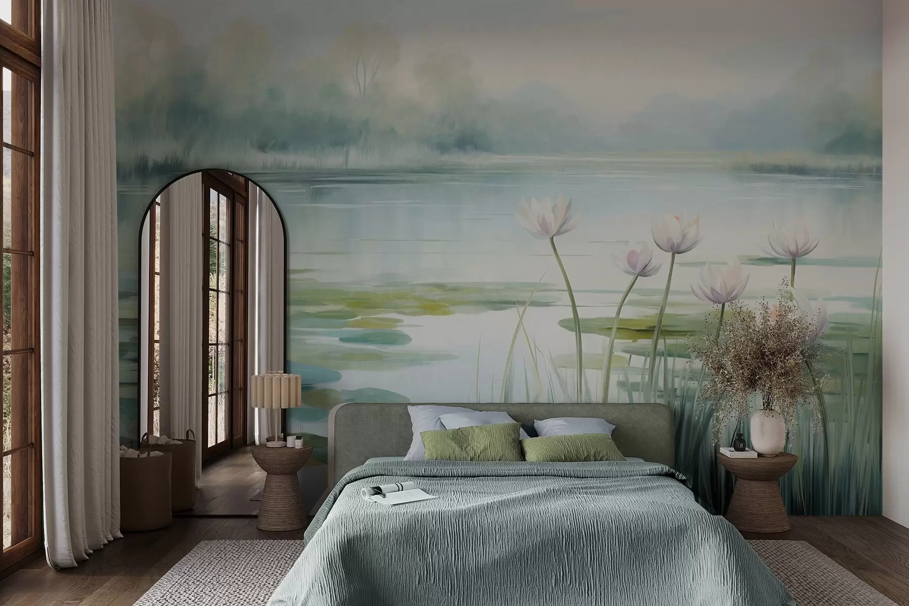 wall murals Landscape with a lake, water lilies and lily pads, trees in the background, in a calm environment, light blue and green tones w09395
