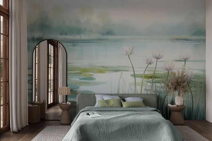 wall murals Landscape with a lake, water lilies and lily pads, trees in the background, in a calm environment, light blue and green tones w09395