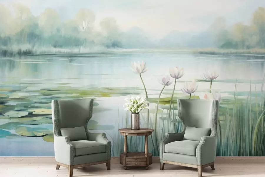 wall murals Landscape with a lake, water lilies and lily pads, trees in the background, in a calm environment, light blue and green tones w09395