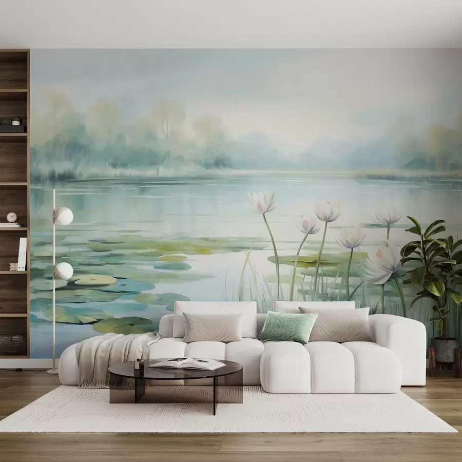 wall murals Landscape with a lake, water lilies and lily pads, trees in the background, in a calm environment, light blue and green tones w09395